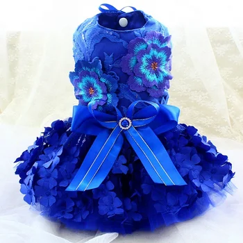 למכירה עבודת יד כלב שמלה חיית המחמד בגדים נסיכה מדהימה בצבע כחול רויאל לרקום 3D פרחים יותר שכבות טול שמלת פודל אישור