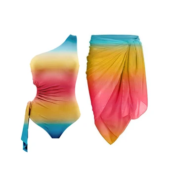 תקציר קשת בגד ים סקסי צבע הדפסה חתיכה אחת פרע בגדי ים עם חצאית לדחוף את Beachsuits חידוש עיצוב Beachwear