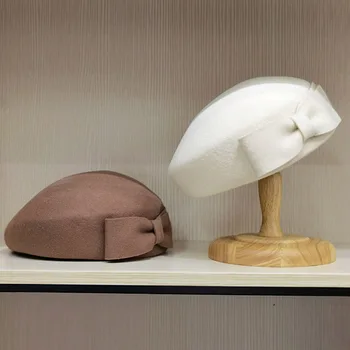 סגנון וינטג ' נשים חורף כובע צמר Bowknot קישוט שמלה Fascinator צמר כומתה רשמית נשים כובע הכנסייה החדשה להטות את הכובע