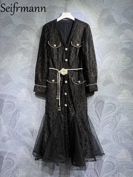 Seifrmann באיכות גבוהה קיץ נשים אופנה מעצב Midi שמלה פנס שרוול ארוך חרוזים החגורה מזויף כיס שמלות אלגנטיות