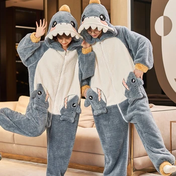 Kigurumis זוגות אוברול הלבשת לילה פיג ' מות קריקטורה כריש נשים גברים לעבות Pijama סרבלים רוכסן אוהבי Homewear Loungewear