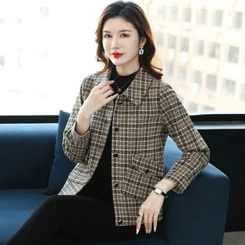 5XL חדש משובץ מעיל קצר עבור נשים קוריאני אביב סתיו פנאי העמידה ומבוגרים בגיל של אמא הלבשה סלים העליון עבור נשים שחור
