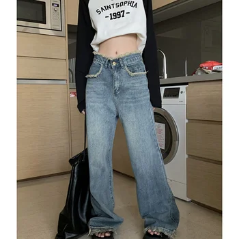 בציר כחול גבוהה המותניים נשים ג 'ינס כוכבים אמריקאי אופנה אופנת רחוב רחב הרגל ג' ין נקבה מכנסיים ישרים רחבים מכנסי ג ' ינס
