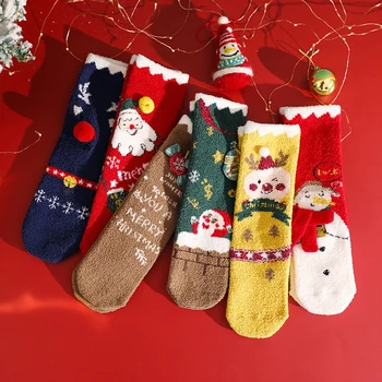 6 זוג ילדים למבוגרים חג המולד הורה-ילד גרביים סתיו חורף חם קורל קטיפה מעובה גרביים מצוירים הביתה קומה שינה גרביים