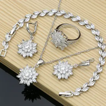יוקרה פרחים 925 כסף סטרלינג תכשיטים מגדיר עבור נשים מעוקב Zirconia עגילי אופנה חתונה תכשיטים מגדיר שרשרת