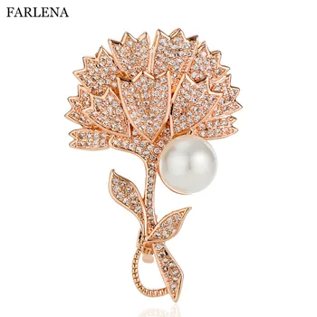 FARLENA תכשיטים מצוין CZ קריסטל ציפורן בדש לנשים מתנה אופנה זירקון מדומה פנינה פרח סיכה סיכות