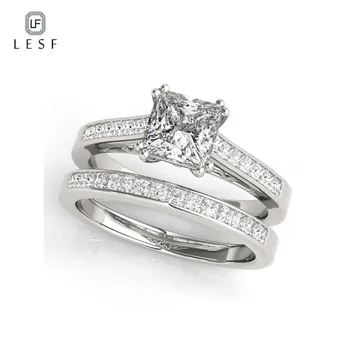 LESF 1.2 Ct פרינסס Moissanite יהלומים טבעת אירוסין להגדיר עבור נשים תכשיטי כסף סטרלינג 925 לסלול להקות חתונה
