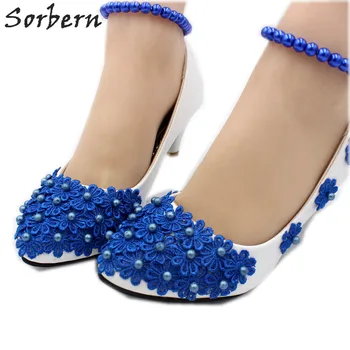 Sorbern כחול רויאל פרח חרוזים נעלי חתונה חרוזים אלסטיים קרסול רצועות להחליק על משאבת גבוה העקב נעלי נשים מידה 7 עקבים