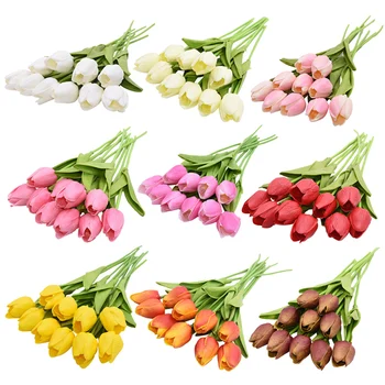 10 ראשי טוליפ פרחים מלאכותיים מגע אמיתי PU צבעוניים DIY הזר מתנה מזויף פרח חתונה קישוט בית גן אספקה
