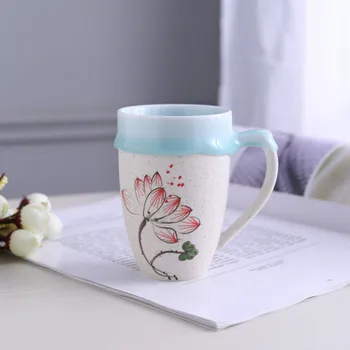 יצירתי כוסות קרמיקה עם זיגוג זרימת פרח תבנית ספל מצוירים ביד גלידה בגביע לאוהבי הספל