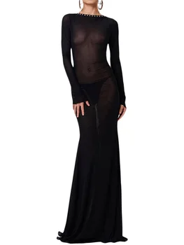 נשים סקסי לראות דרך שמלה ארוכה Y2k שרוול ארוך העצום רשת שמלת Bodycon ללא משענת מסיבת קוקטייל שמלה Clubwear