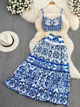 מסלול אופנה קיץ 2 חתיכות להגדיר נשים ספגטי רצועת Paded יבול גג + גבוהה המותניים פרחוני מודפס מקסי-חצאית חג להגדיר