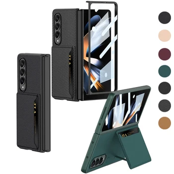 בגב הארנק כרטיס מתקפל לטלפון כיסוי עבור Samsung Z Fold4 5G הוכחת פיצוץ זכוכית הסרט הגנה סלים רגיל מקרה טלפון עור