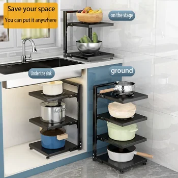 המטבח, מדפי אחסון ארגונית Multi-פונקציה ארון מטבח שולחן פחמן פלדה ביוב Multi-layer לסירים מתכוונן