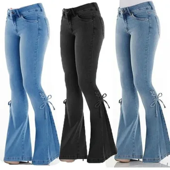 נשים התלקח ג ' ינס חורף חם אמצע המותן מכנסיים נשים מכנסיים רחבות ההדוקות קשת-קשר קישוט התלקח מכנסיים בתוספת גודל