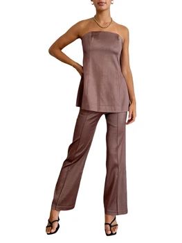XFLnaraz נשים 2 חתיכה מכנסיים סט קיץ סטרפלס מחוץ כתף הקשר גופיות מכנסיים מותן גבוהה תלבושות אופנת רחוב (R-חום