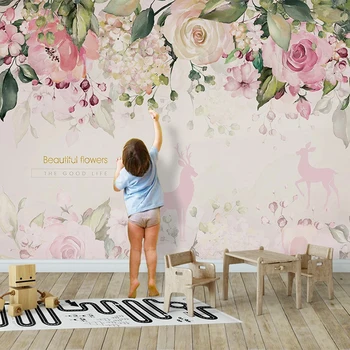 תמונה מותאמת אישית קיר נייר 3D פרחים ורודים ציור קריקטורה חדר ילדים, בנות חדר שינה סלון רקע טפט עיצוב הבית המודרני