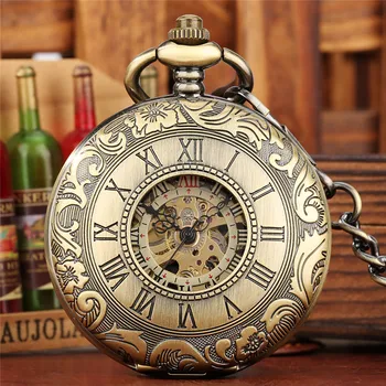 עתיק מגולף הרומית מספר התיק שעון גברים נשים Handwinding מכאני שעון כיס שלד שעון תליון שרשרת במתנה רלו