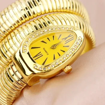 שעונים לנשים, שעון זהב נשים FashionLuxury נחש תכשיטים שעוני יד relogio ferminino
