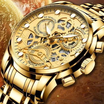 FNGEEN מותג שעון זהב של גברים חלולים קוורץ שעונים נירוסטה להקת עמיד למים זוהר אופנה שעונים Relogio Masculino