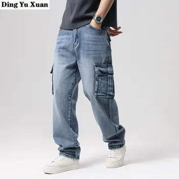 Oversize ישר ג 'ינס שחור Mens אופנת רחוב כותנה מכנסי ג' ינס אופנה גברים גמישות ג ' ינס רחב הרגל מכנסיים כחולות מכנסיים רופפים