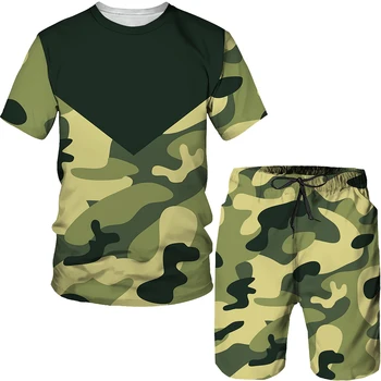 בקיץ חולצת הטריקו של הגברים סט של גברים שרוול קצר ג ' קט חולצה+חוף המכנסיים שני חלקים 3D הסוואה החליפה להגדיר צבאי אוהדי סט ענק.
