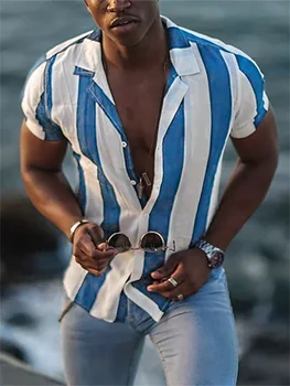הקיץ של גברים חולצת הוואי יומיומי שרוול קצר 5-צבע פסים מודפס 3D כפתור החולצה של הגברים משקל גדול מדי בגדים 5XL
