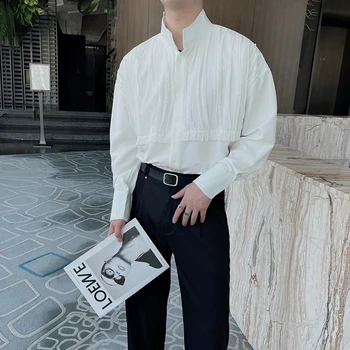 קוריאנית 2022 גברים לעמוד צווארון חולצות שרוול ארוך אופנתי טלאים, בגדים זכר רופף השמלה חולצות