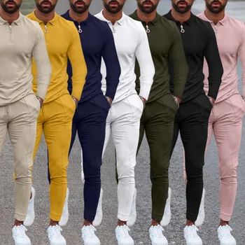 2023 הסתיו האירופאי החדש האמריקאי של גברים מזדמנים דש רוכסן מוצק צבע חליפה עם שרוולים ארוכים מכנסיים שני חלקים אימונית