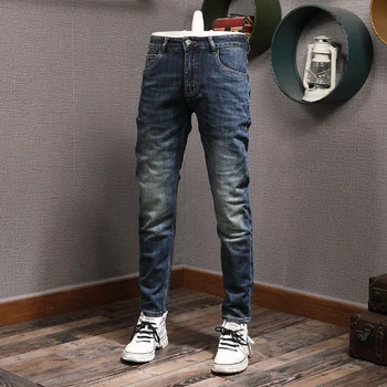 לאחרונה מעצב אופנה גברים ג 'ינס באיכות גבוהה רטרו כחול אלסטי Slim Fit ג' ינס קרועים גברים בציר מכנסיים מכנסי ג ' ינס גבר