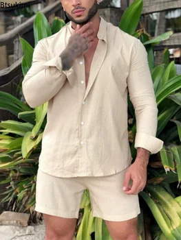 חדש 2023 גברים הקיץ של שטחי החוף הוואי סטים 2PCS מוצק שרוול ארוך חולצה ומכנסי גלישה אופנת רחוב כותנה פשתן גברים סטים