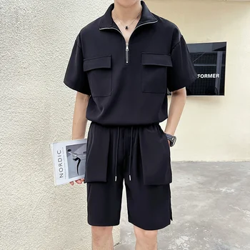 הקיץ סטים גברים אופנה כיס שרוול קצר חולצה מכנסיים קצרים שני חלקים אנשים קוריאנית חופשי מזדמנים שחור לבן להגדיר Mens קצר סטים