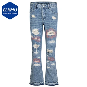 האופנה גברים של קרע ג 'ינס תפירת במצוקה התלקח מכנסי ג' ינס Harajuku אופנת רחוב ג ' ינס כחול לאדם.