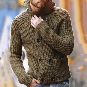 גברים כפול עם חזה מוצק צבע מקרית בריטי ארוך שרוולים סוודר מעיל אופנה כל-התאמה צווארון הסוודר 2023 סתיו