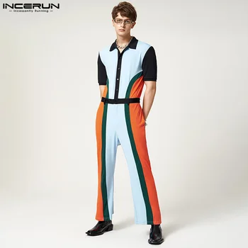 INCERUN 2023 בסגנון אמריקאי גברים אופנה ססגוניות Rompers מזדמן אופנת רחוב זכר חם מכירה משולבים עם שרוולים קצרים בגד S-5XL