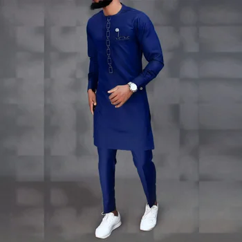 אפריקה גברים חליפת חתונה שרוולים ארוכים חולצות מכנסיים להגדיר הלאומי סגנון רקום צוואר עגול כחול גברים חליפה של שני חלקים סט