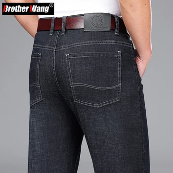 סגנון קלאסי הקיץ של גברים רגל ישרה שחור דק 'ינס עסקי אופנה כחול רגוע מינימליסטי למתוח מכנסי ג' ינס הגברי.