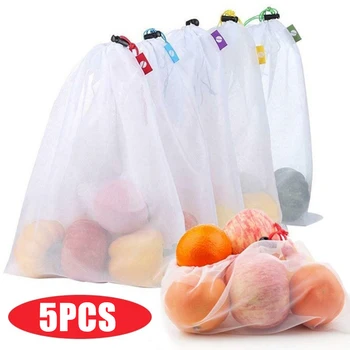5pcs לשימוש חוזר פירות ירקות שקיות אחסון רחיץ מטבח מזון ארגונית נטו שקיות רשת צעצועים מכולת אחסון אריזה שק