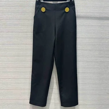 אופנה Trouses קלאסי מסלול שחורה פשוטה גבוהה המותניים מתכת כפתור קישוט ישר מכנסי הרזיה רוכסן בצד נשים בגדים