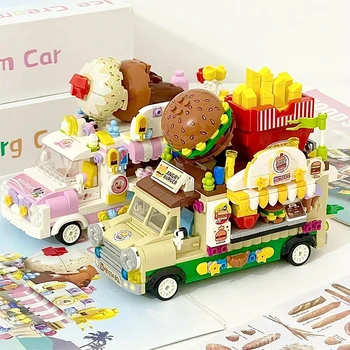 590PCS המבורג מזון מכונית משאית אבני בניין רחוב עיר נוף גלידה קינוח דגם הרכב לבנים צעצוע לילדים בנות מתנה