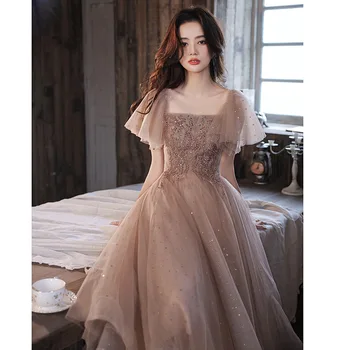 בסגנון צרפתי כיכר קולר שמלת נשף לנשים טול אפליקציה תחבושת שמלת ערב המזג פשוט נקבה שמלות שושבינה