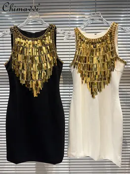חדש 2023 קיץ האופנה זהב נצנצים בעבודת יד חרוזים שמלה גבוהה המותניים הרזיה כותנה השמלה אלגנטית נשית שמלת מסיבת
