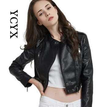 YCYX נשים PU עור מעילי לעמוד צווארון מעילים chaqueta רוכסן אופנוען העליון סלים מוטו Mujer שחור Abrigo De Cuero אופנת רחוב