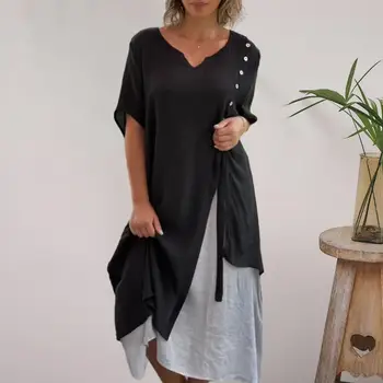 נשים V-neck חצי שרוול Midi שמלה כפתורים עיצוב סימטרי מזויף שני חלקים עיצוב גולש שולי חופשי להתאים את שמלת אופנת רחוב