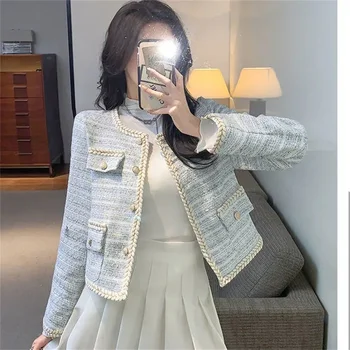 סתיו/חורף 2023 קוריאנית חופשי טמפרמנט מעיל קצר הצרפתי ג 'וקר קטן ניחוח שרוול ארוך מעיל אישה' קט לבן כחול