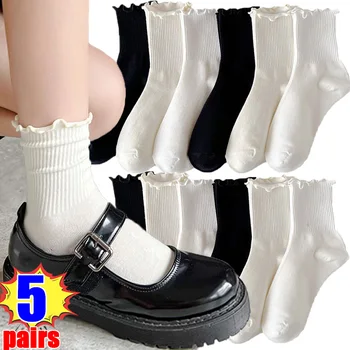 5Pairs לוליטה גרביים בלבן נשים בנות JK שחור לבן האמצעי גרבי כותנה הצינור רופף הקרסול גרביים מתוק מקסים קצר גרב