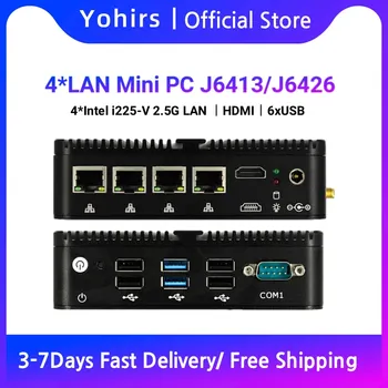 Yohirs Fanless Pfsense Mini PC J4125 J6413/J6426 4*מידע RJ45 Lan HD-MI COM RS232 6*USB מיקרו רך נתב VPN