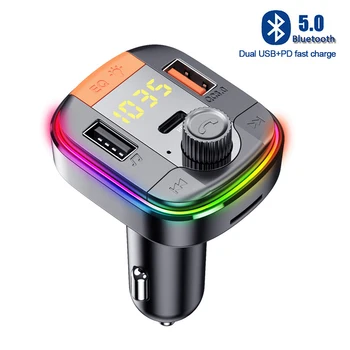 משדר FM לרכב Bluetooth תואם-5.0 מתאם צבעוני רכב נגן Mp3 דיבורית מתקשר 2 יציאת USB עם משטרת QC 3.0 תשלום