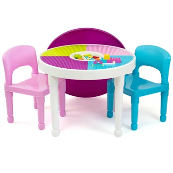 צנוע צוות ילדים 2-in-1 פלסטי פעילות שולחן ו-2 כיסאות להגדיר, עגול, לבן, כחול וורוד ללמוד שולחן עבור ילדים