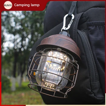נייד רטרו קמפינג פנסים נטענת מתכת תלויה מנורת Led לבן חם אור חיצוני תלוי אוהל אור קמפינג תאורה